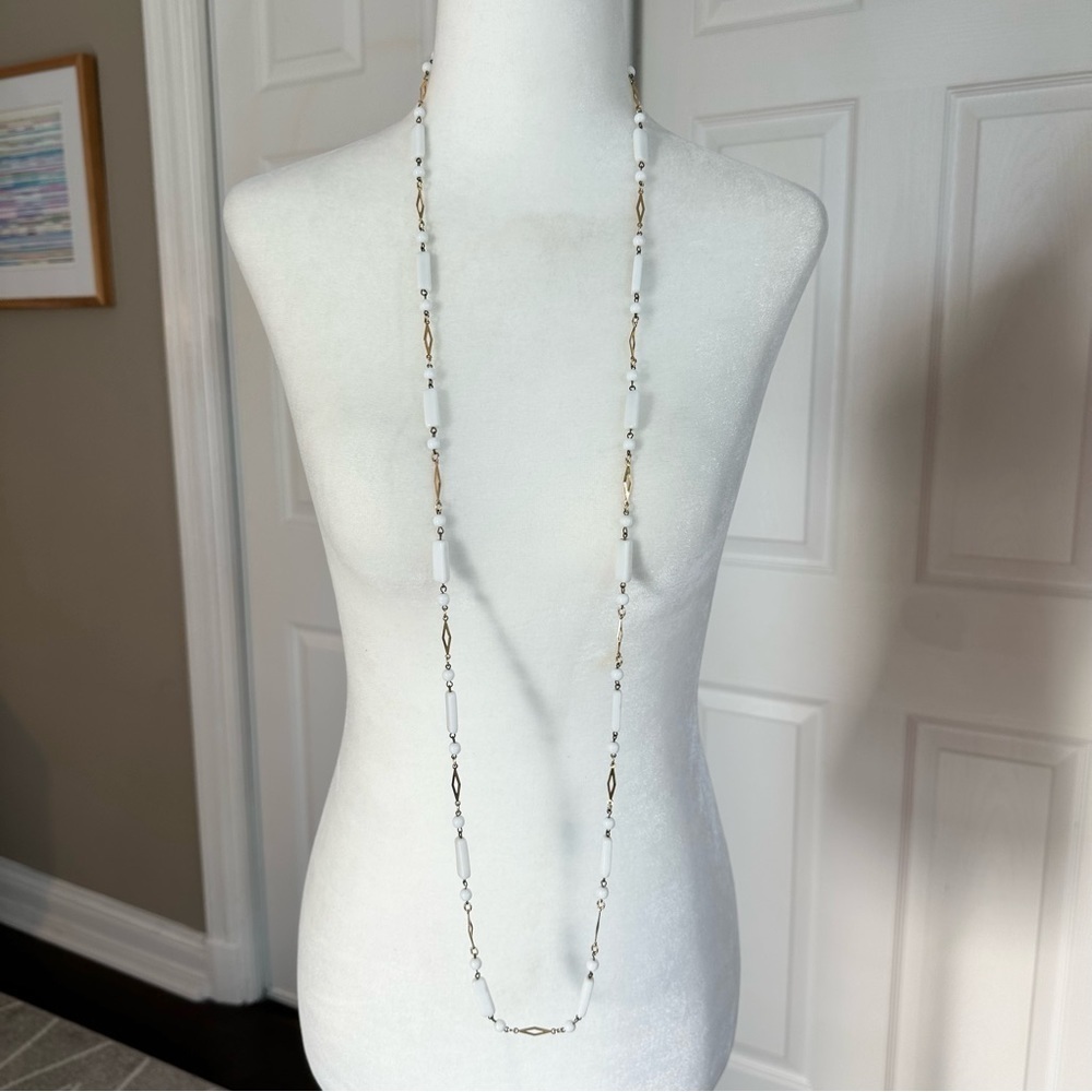 Vintage Gold Tone and White Beaded Long Costume Jewelry Necklace